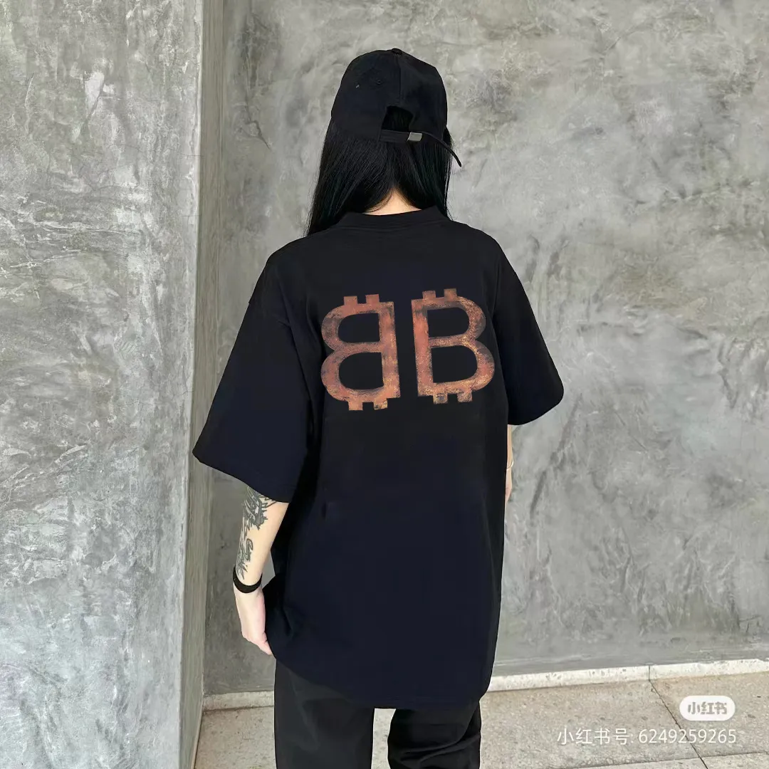 P80✨🔥 BALENCIAGA Paris lettering printed short-sleeved T-shirt, custom-woven and dyed 280g combed cotton heavyweight fabric, zero color difference in thread, perfect details, different from the current version on the market, welcome to compare, Same Style for men and women, must-sell in the picture above Color: White Black Size: 1 2 3 4